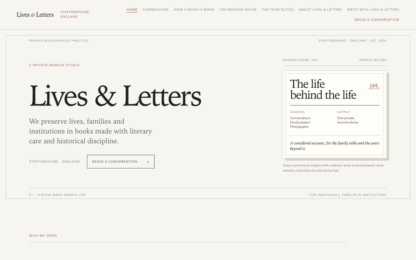 Lives & Letters homepage introducing its private memoir studio and book commissions