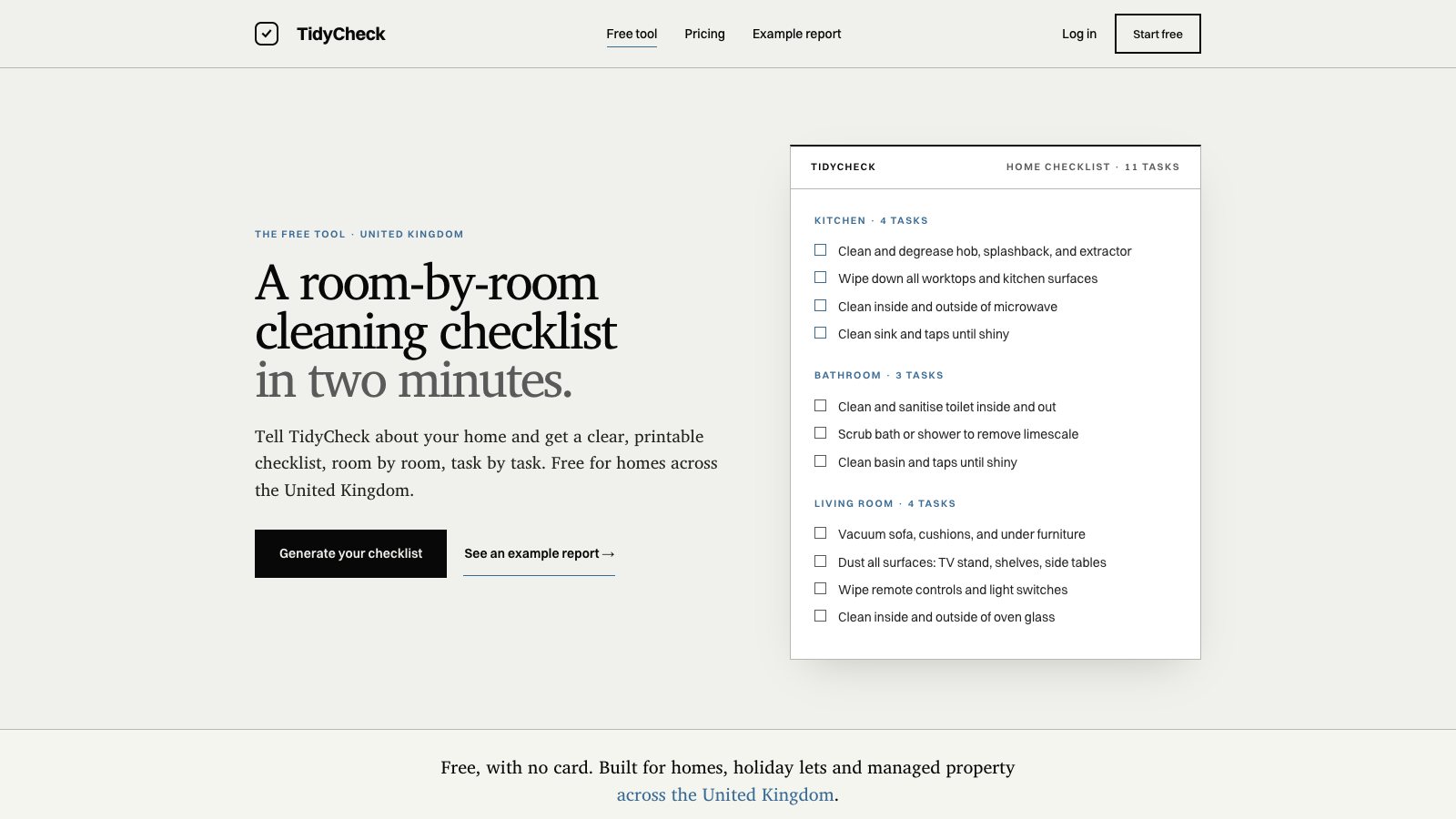 TidyCheck's free room-by-room checklist generator and example checklist